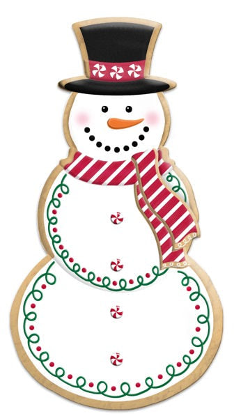 MD1494C3 12"H Metal Snowman Cookie W/Stripe Scarf White/Black/Red/Emrld/Org