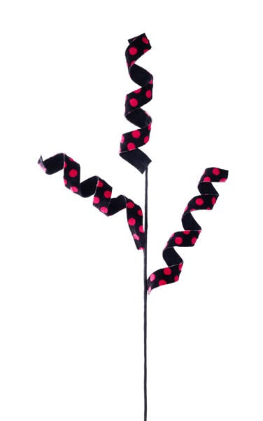 MN036140 29"L Polka Dot Velvet Curly Ribbon Spray Black/Hot Pink