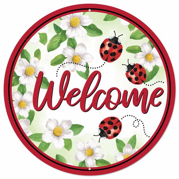MD1322 12"Dia Metal Welcome W/Ladybugs Sign Black/White/Red/Green