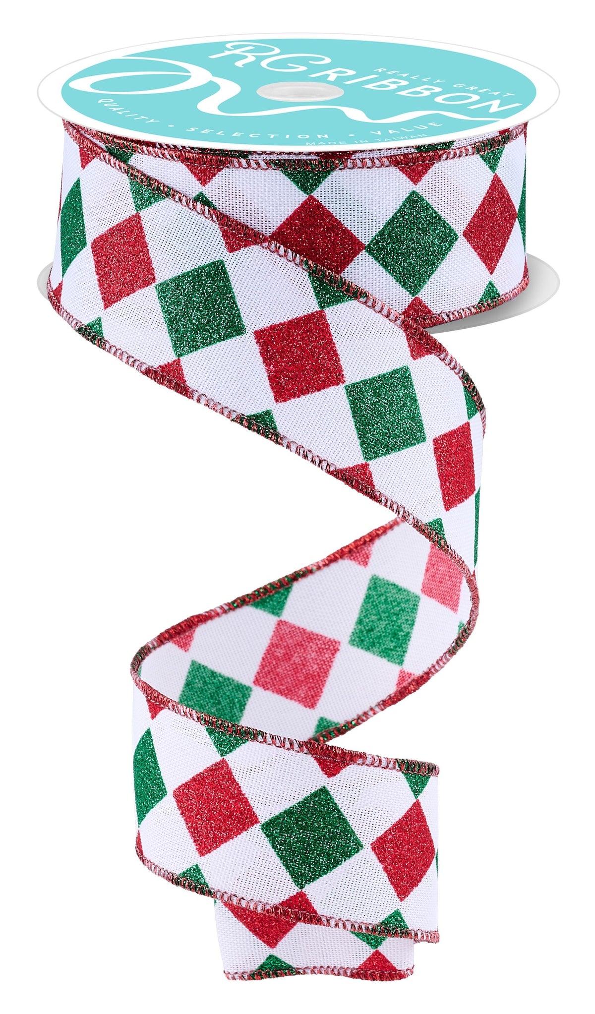 RGH15468R 1.5" x 10yd Glitter Diamond Check White/Red/Emerald