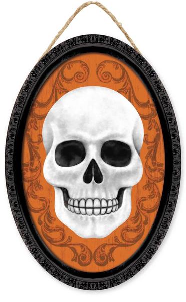 AP729720 13"Hx9"L Framed Skull Oval Sign Black/White/Orange