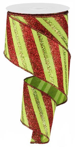 RG01766T9 2.5"X10Yards Glitter Diagonal Stripe Lime Green/Red