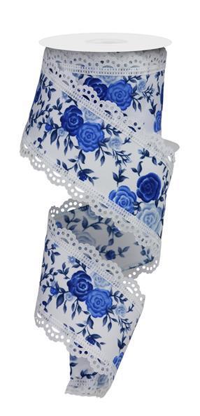 RGA8592RW 2.5" x 10yd Mini Roses/Lace White/Multi Blue
