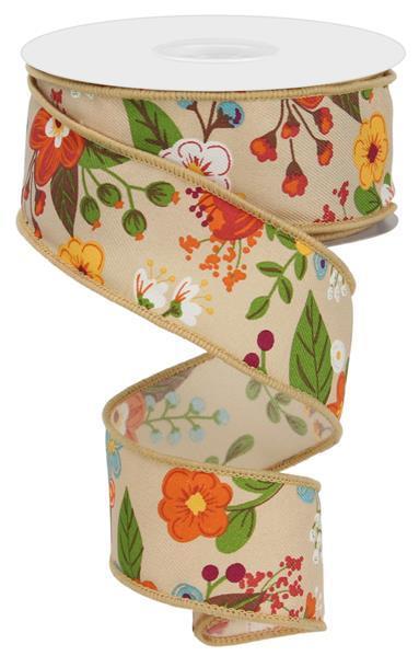 RGE1132F2 1.5" x 10yd Graphic Florals Beige/Rust/Orn/Grn/Brn