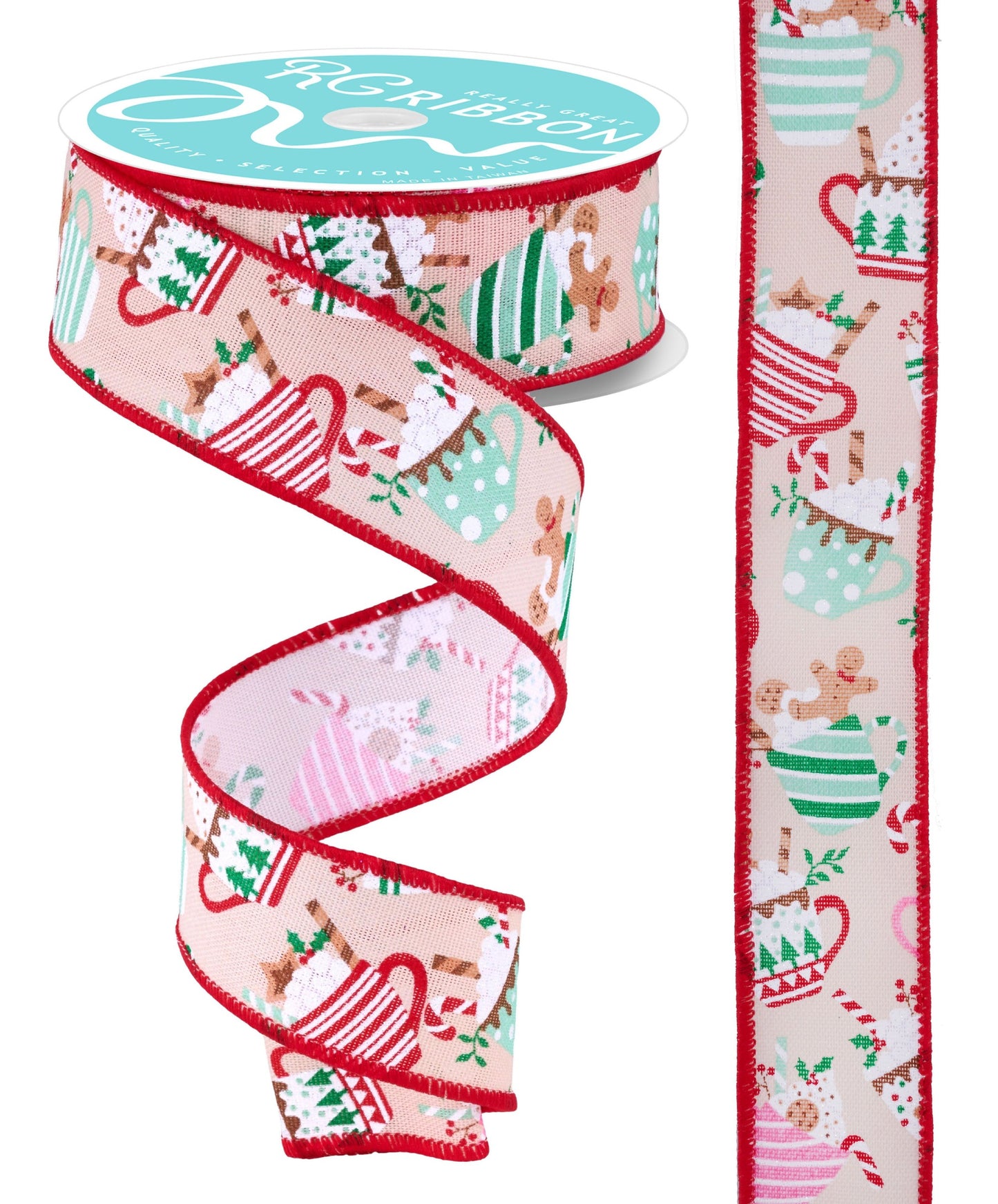 RGF196018 1.5" x 10yd Christmas Hot Cocoa Mugs Natural/Multi