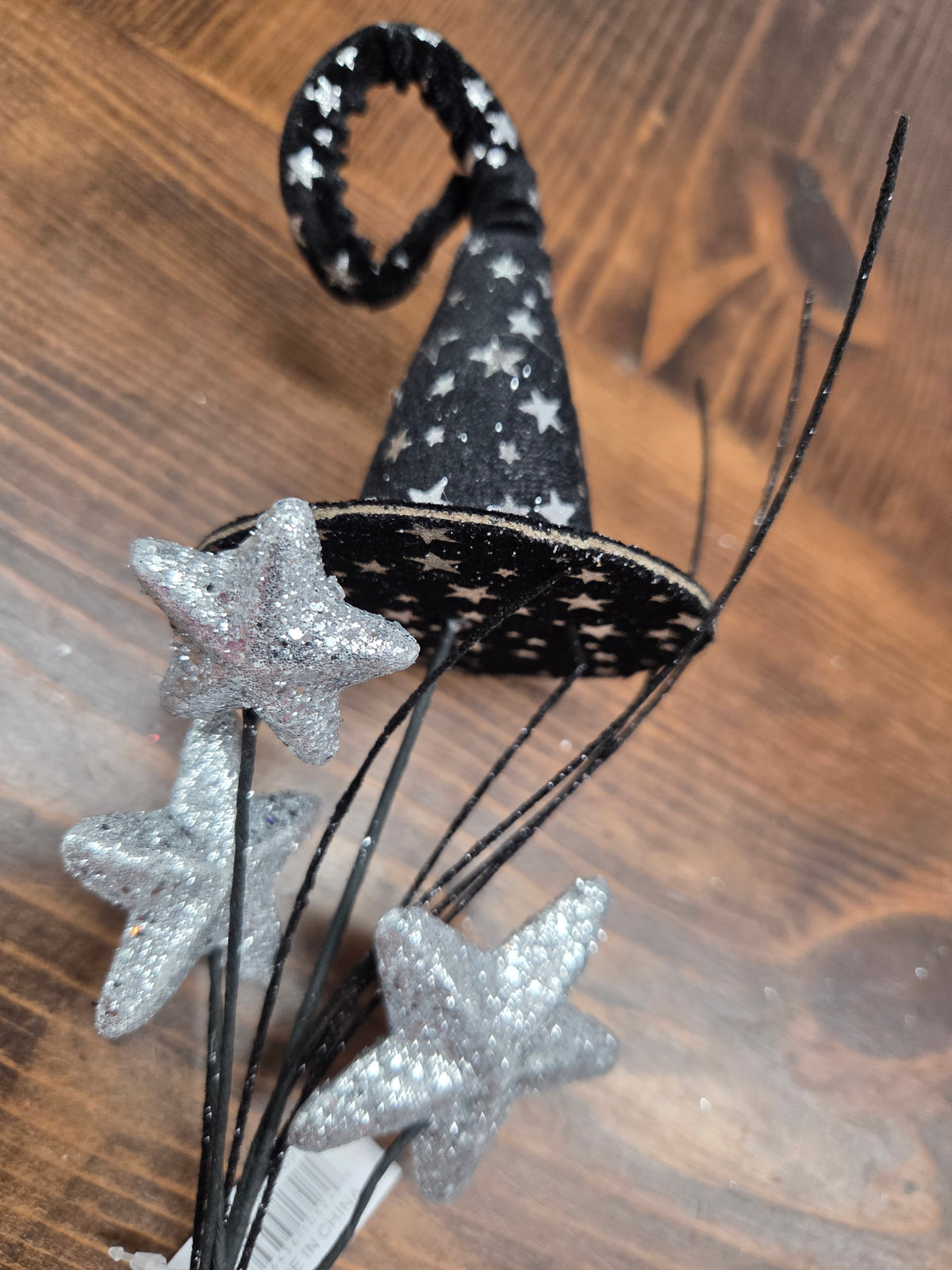 HH1289 15.5" Glitter Star Witch Hat Spray Black/Silver