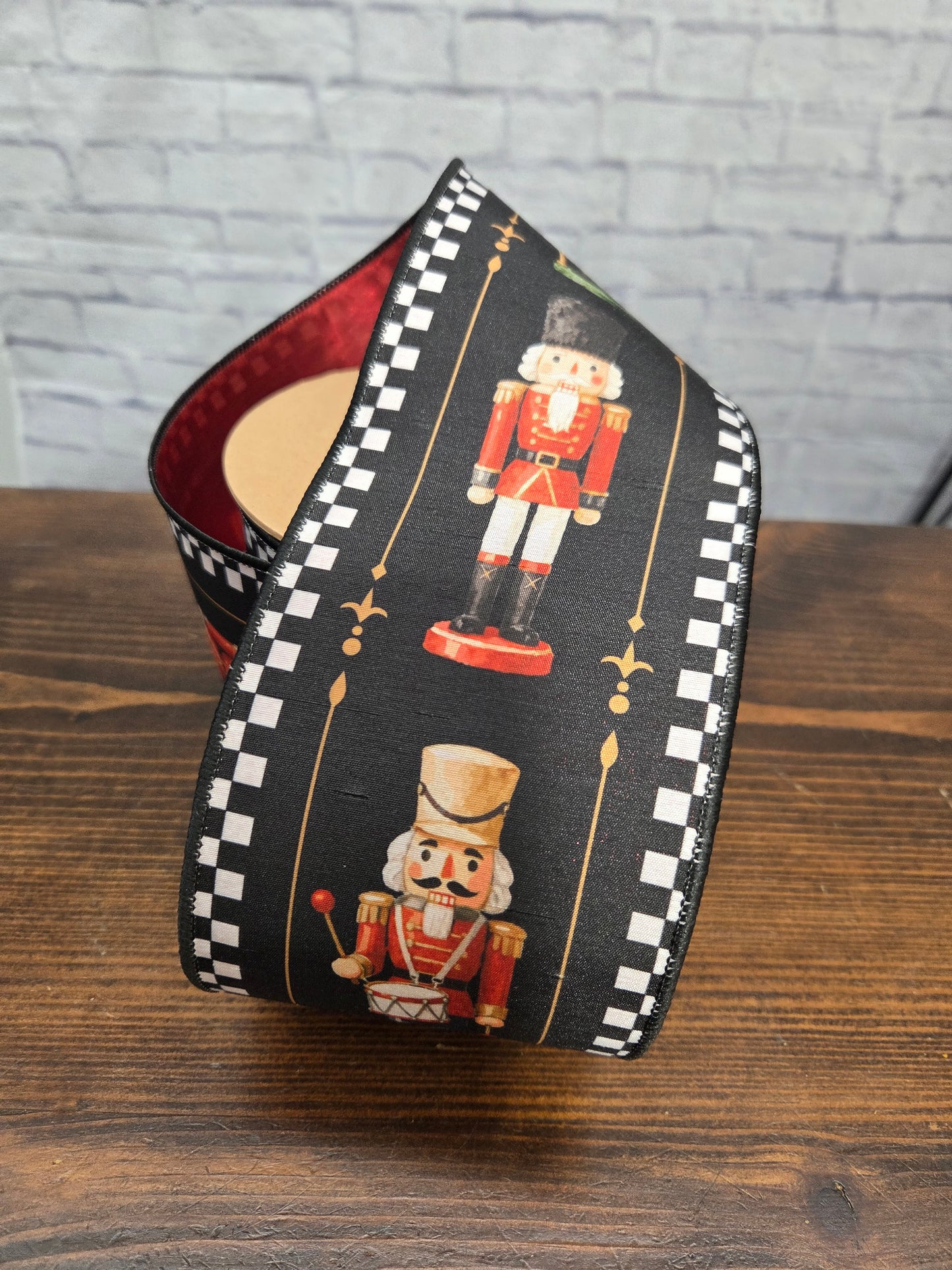 9809W-030-100E 4" Wired Dupioni Ribbon | Black/White Check Nutcracker on Black w/ Red Backing | 10 Yard Roll