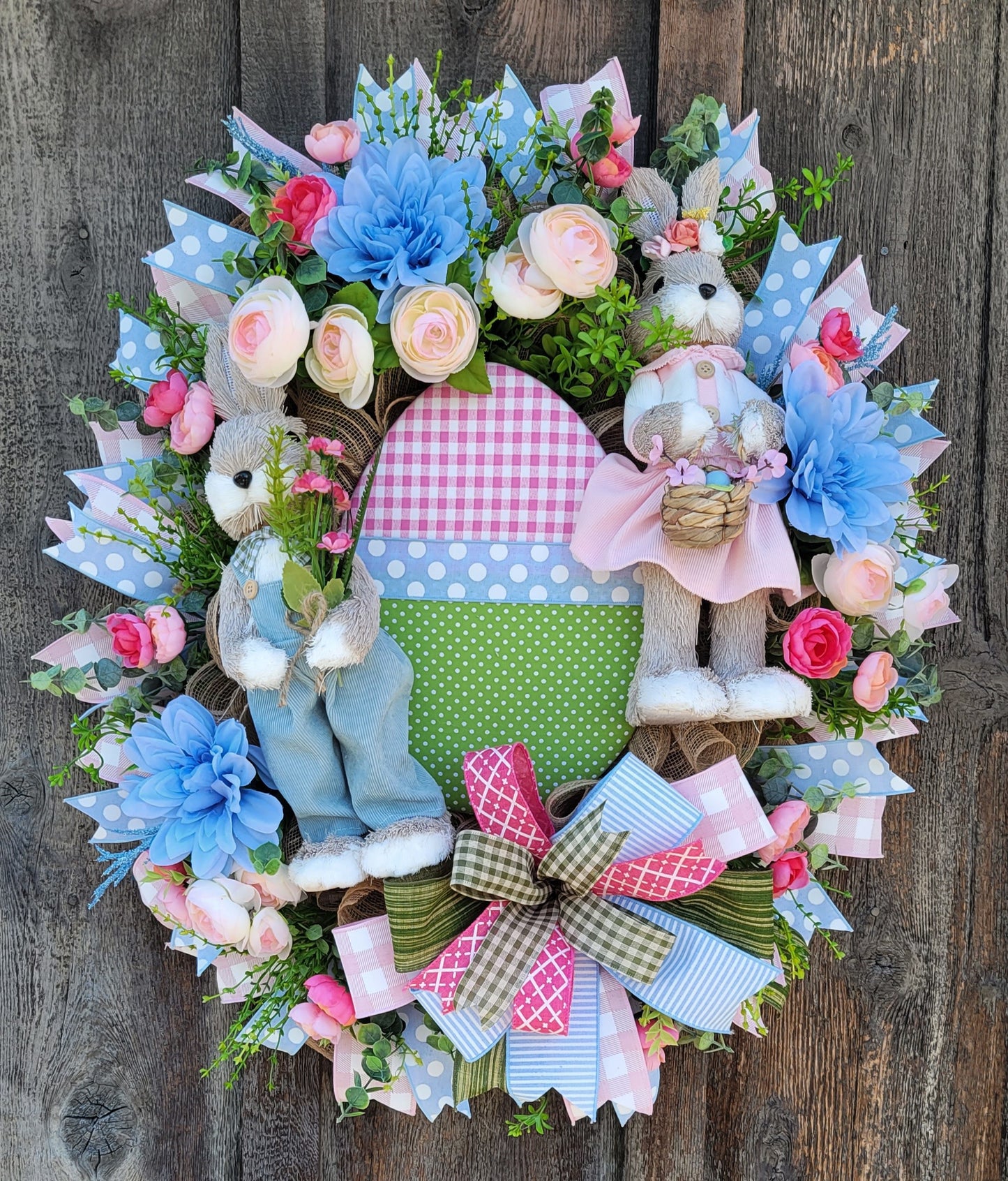 Easter Bunny Couple Wreath – Pastel Bunny & Easter Egg Spring Front Door Wreath