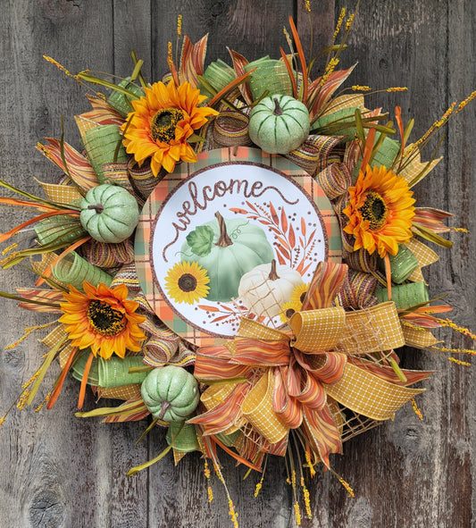 Fall Pumpkin Sunflower Wreath – Autumn Welcome Front Door Wreath