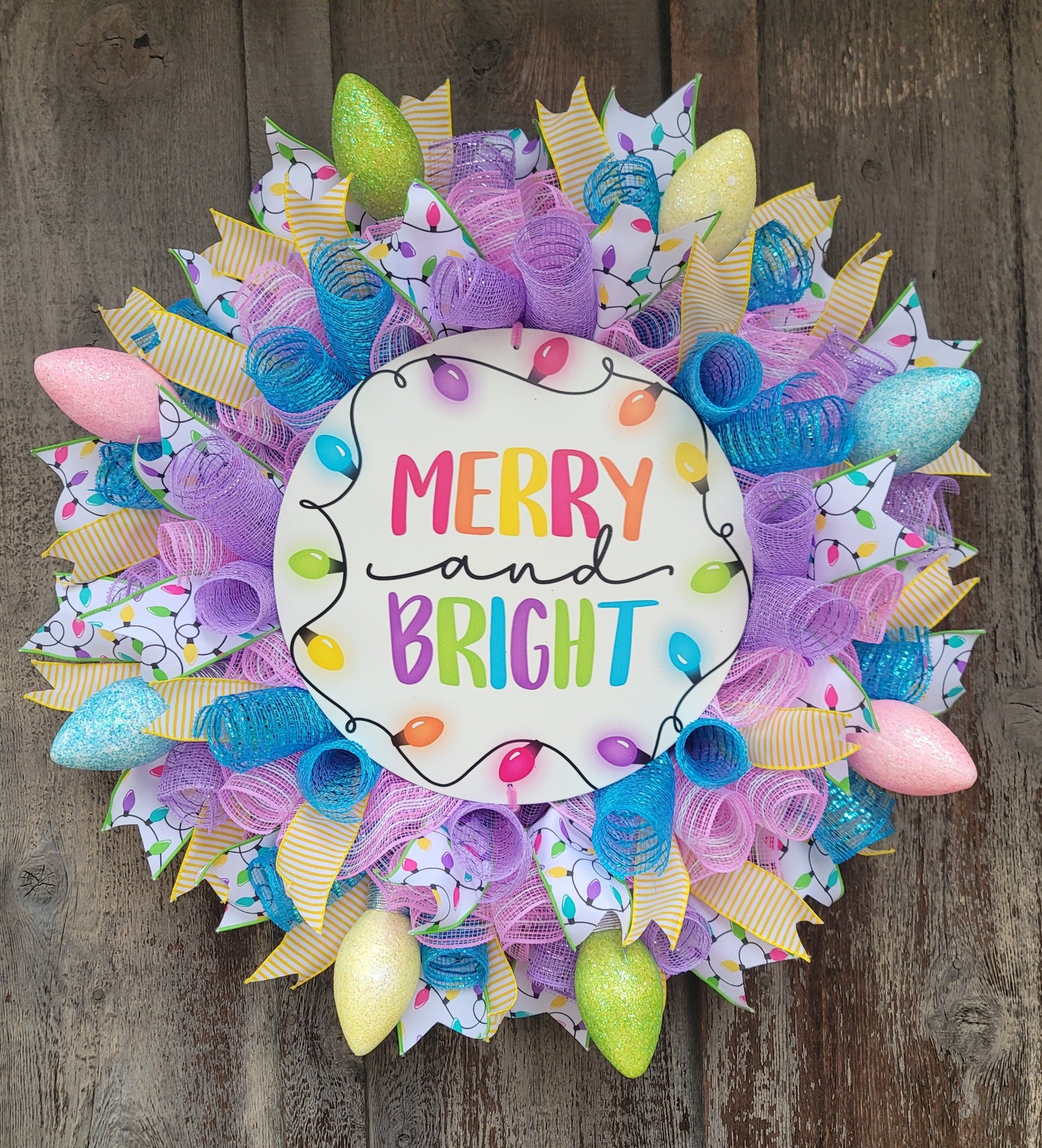 Merry and Bright Christmas Light Wreath – Colorful Christmas Front Door Wreath