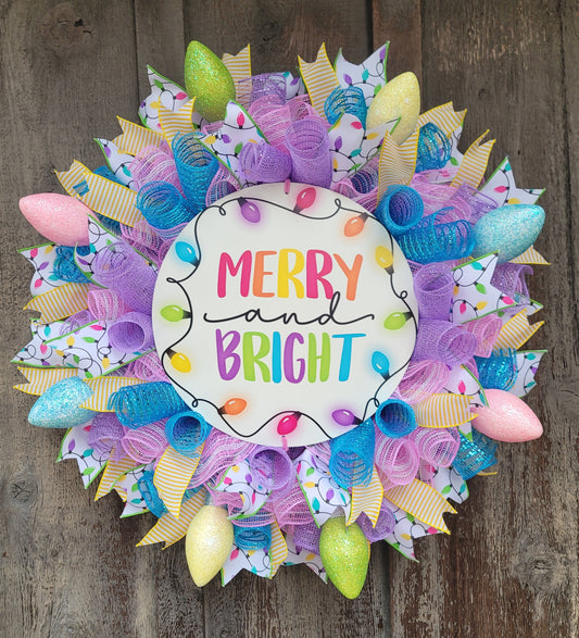 Merry and Bright Christmas Light Wreath – Colorful Christmas Front Door Wreath