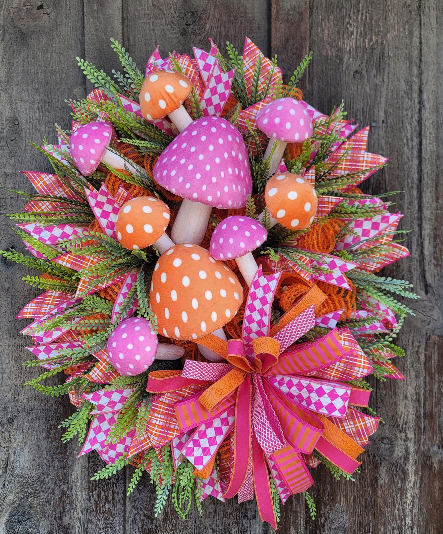 Whimsical Mushroom Wreath – Pink & Orange Mushroom Front Door Wreath – Spring Garden Decor