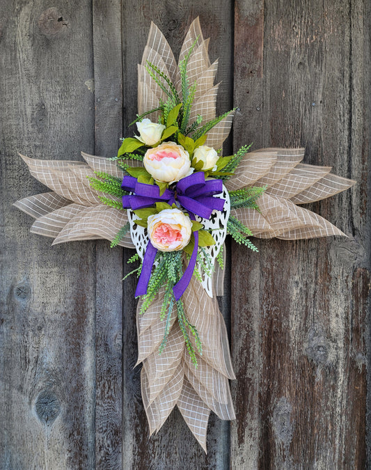 Floral Cross Door Hanger – Spring Easter Cross Door Decor – Rustic Farmhouse Cross