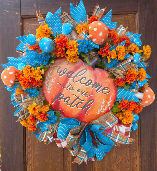 Welcome to Our Patch Wreath – Fall Pumpkin Front Door Wreath – Autumn Decor