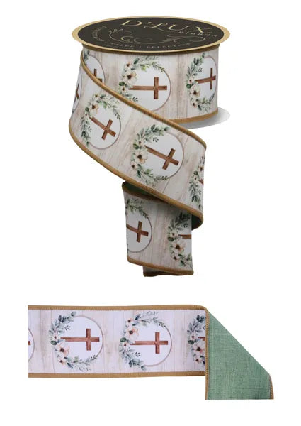 LX108327   2.5" x 10yd Floral Crosses/Fused   Brown/Taupe/Lt Green