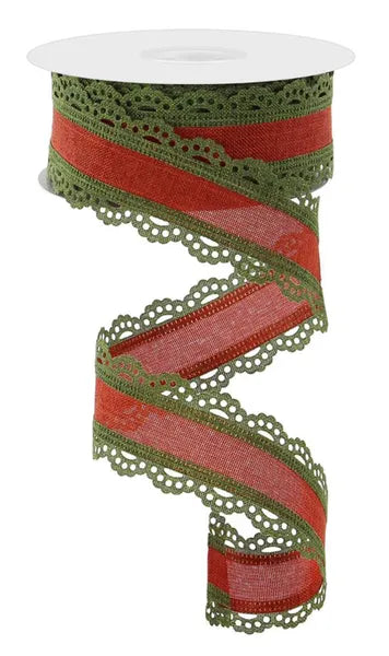 RGA154152   1.5" x 10yd Lace Edge Royal Burlap   Moss Green/Rust