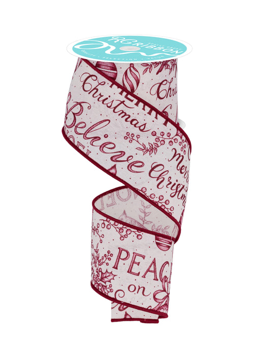 RGF1452W8  2.5" x 10yd Merry Christmas Words Ribbon – Ivory/Wine – Wired Holiday Ribbon