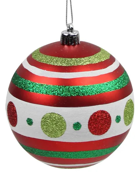 XY9245TH   100Mm Polka Dot/Stripe Ball Ornament   Matte Red/Lime/Emerald