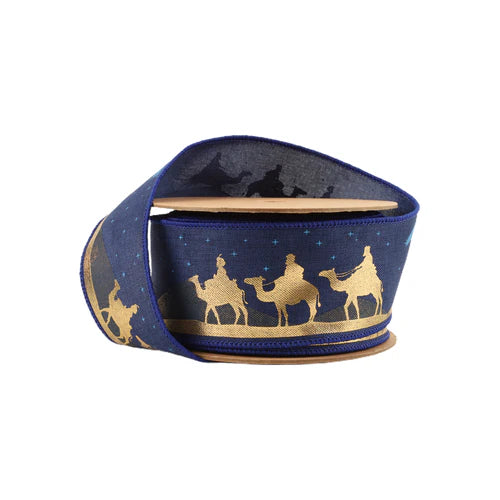 7303W37063E 2.5 x 10Yds-Faux Linen Wired Ribbon | Blue w/ Gold Print Three Wise Men