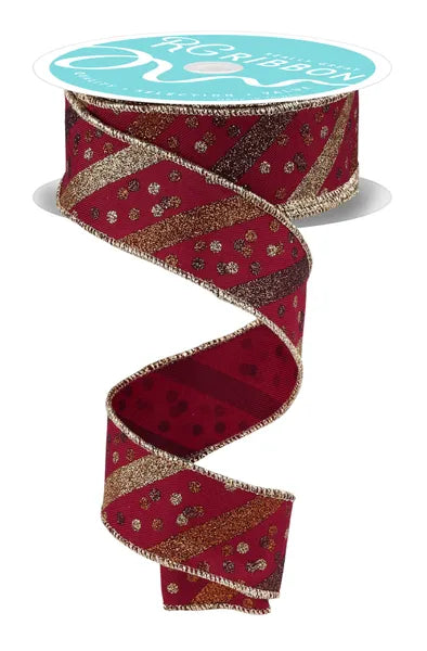 RGF199272   1.5" x 10yd Glitter Stripe W/Confetti Dots   Wine/Gold/Brown/Copper