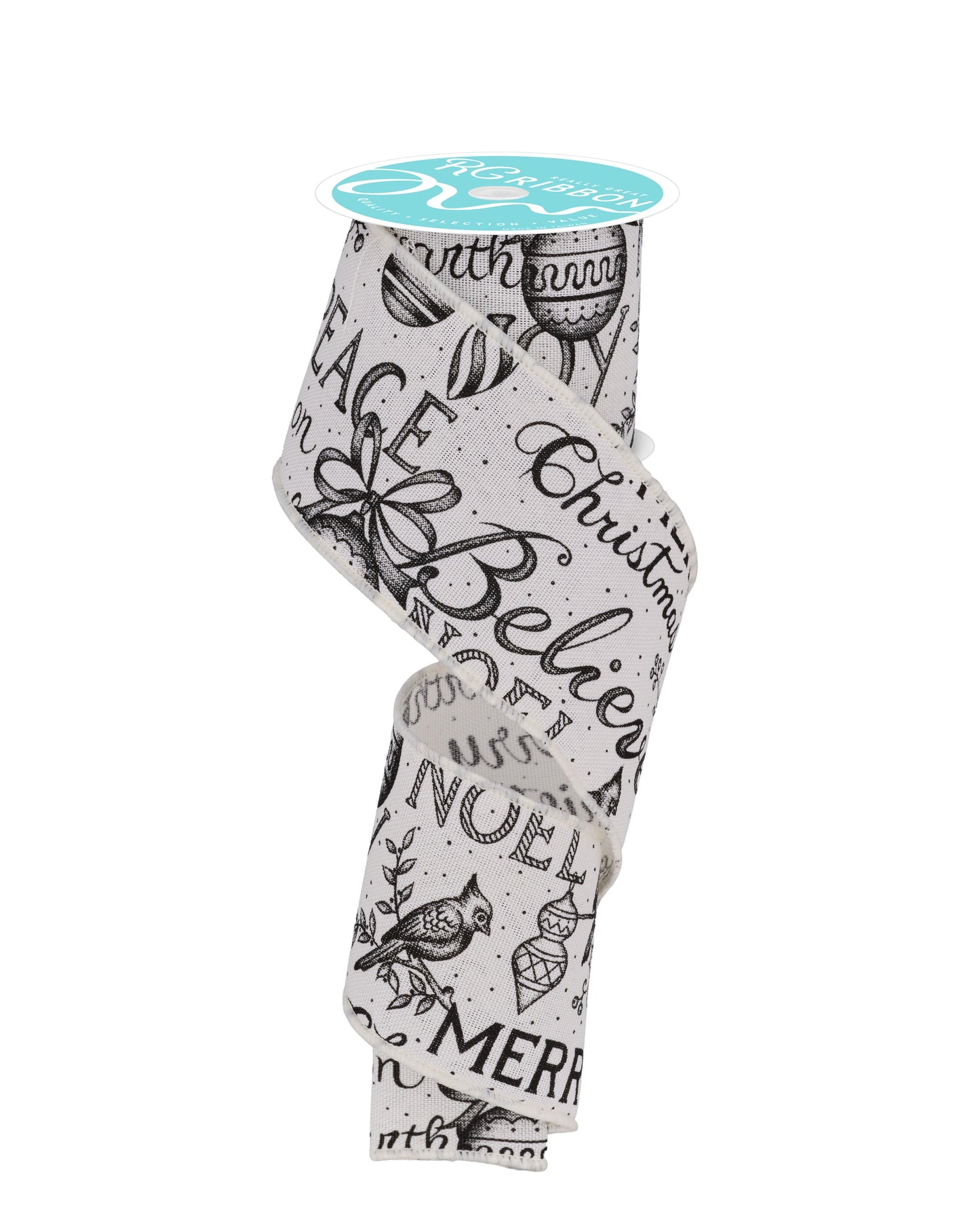 RGF1452EX  2.5" x 10yd Merry Christmas Words Ribbon – Ivory/Black – Wired Holiday Ribbon