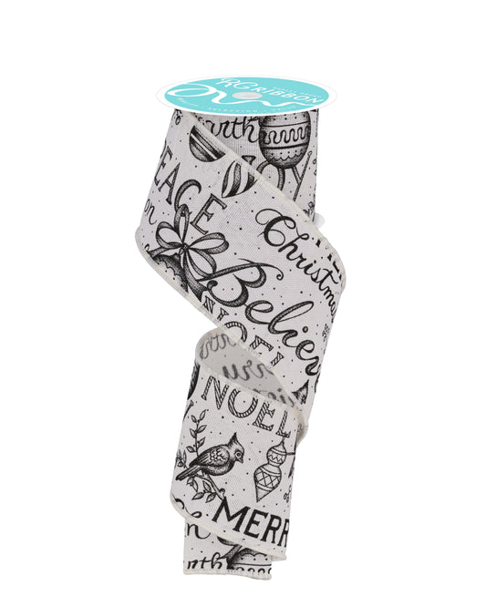 RGF1452EX  2.5" x 10yd Merry Christmas Words Ribbon – Ivory/Black – Wired Holiday Ribbon