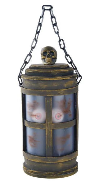HH7532   12"H Eyeball Lantern W/Lights   Ant Gold/Black/Orng/Cream