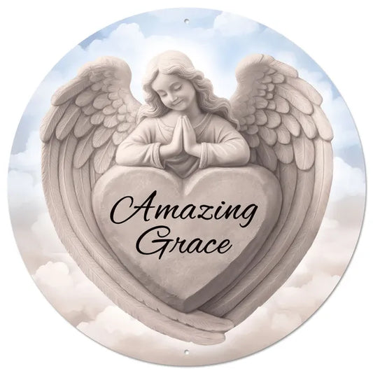 MD1669   12"Dia Amazing Grace/Angel Sign   Beige/Lt Blue/Black