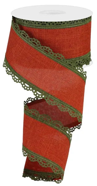 RGA154252    2.5" x 10yd Lace Edge Royal Burlap   Moss Green/Rust
