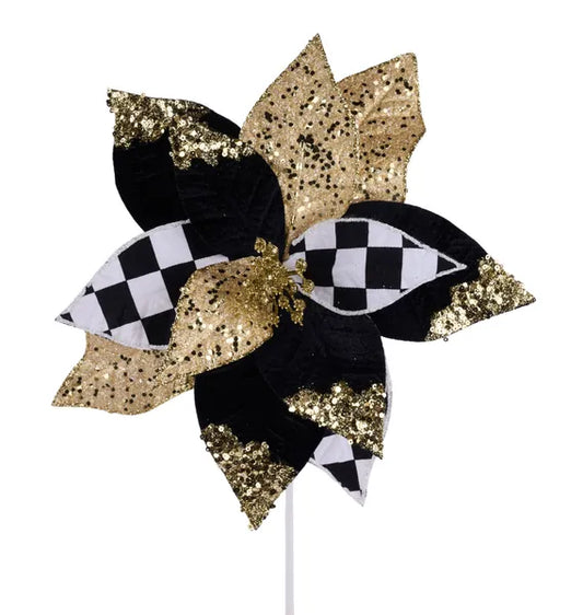 XS4215K3     12.5"Dia Poinsettia Stem    Black/White/Gold
