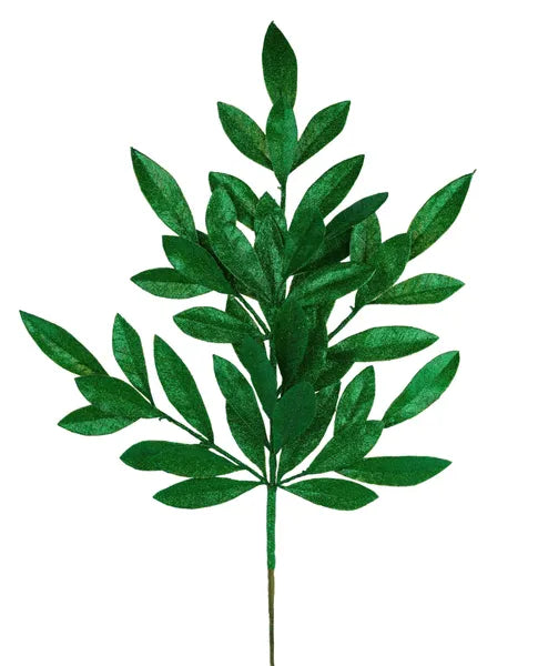 XS237106   23"L Glitter Bay Leaf Spray   Laser Emerald Green