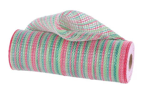 RE1369XX   10" x 10yd Vertical Multicolor Stripe Mesh   Red/Lime/Emerald/White