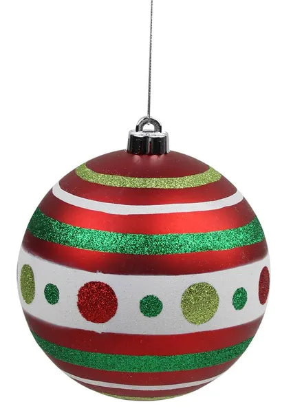 XY9247TH   150Mm Polka Dot/Stripe Ball Ornament    Matte Red/Lime/Emerald