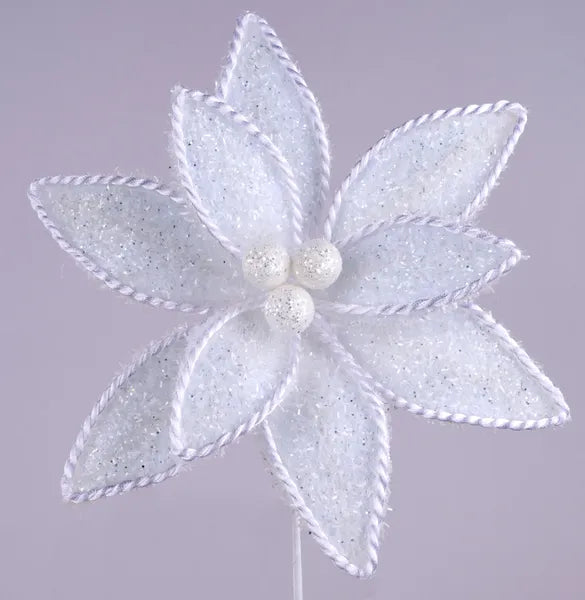 XS418327   14"L V Glitter/Rope Edge Poinsettia Pick   White