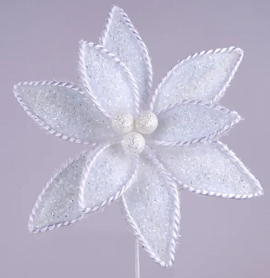 XS418327   14"L V Glitter/Rope Edge Poinsettia Pick   White