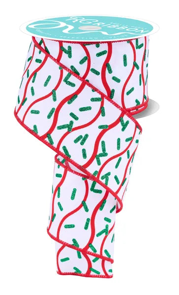 RGH101367   2.5" x 10yd Wavy Stripe W/Sprinkles   White/Red/Emerald