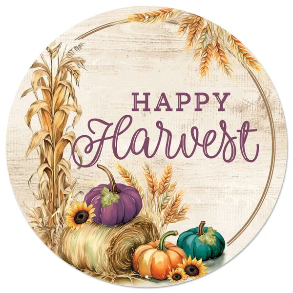 MD161793   12"Dia Metal Happy Harvest Sign    Natural/Orange/Plum/Teal