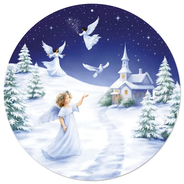 MD1668   12"Dia Angel/Winter Scene Sign   White/Blue/Green