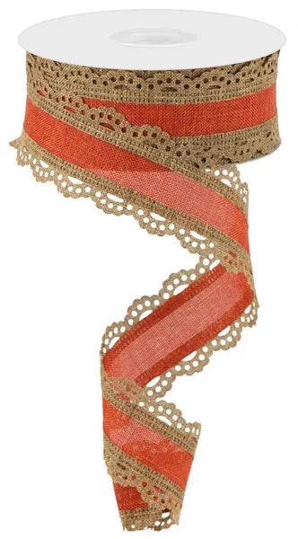 RGA15416X   1.5" x 10yd Lace Edge Royal Burlap   Tan/Rust