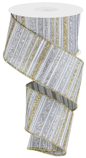 RGC195610   2.5" x 10yd Glttr Stripe On Royal Burlap   Light Grey/Gold/Silver