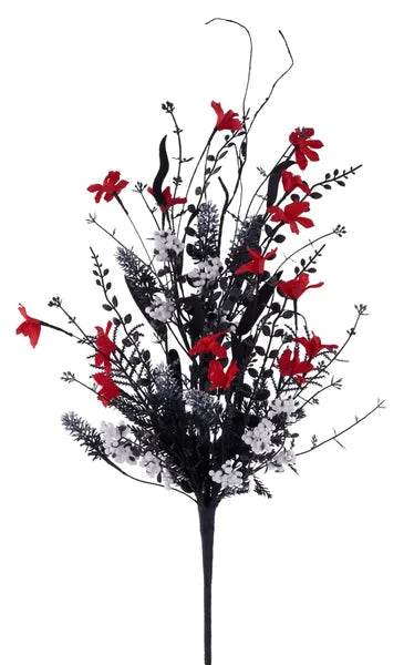 FH8071A7   24"L Fabric Flower/Eva Leaf/Beads Spray   Red/White/Black