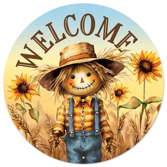 MD1580    12"Dia Metal Welcome W/Scarecrow Sign   Brown/Yellow/Blue