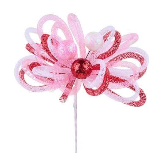 XP3864FC   12"L Foil Glitter Ball Pick   Red/Irid Pink/White