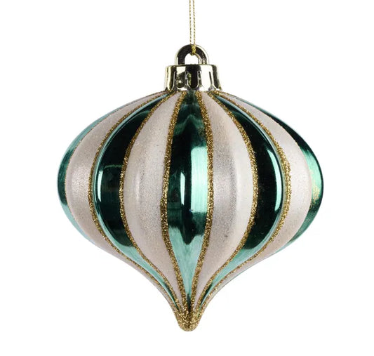 XJ7302NA        120Mm Dia Vertical Stripe Onion Ornament   Sage Green/Cream/Gold