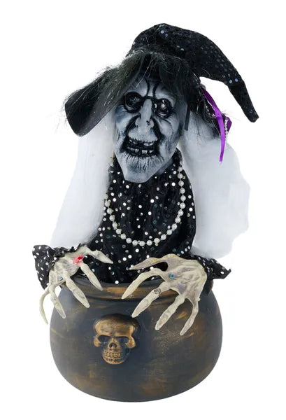 HH3934   14.5"H Witch In Cauldron W/Movement    Blk/Ant Grey/Wht/Ant Gld
