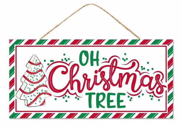 AP735927   12.5"L x 6"H Mdf Oh Christmas Tree Sign   White/Red/Emerald Green