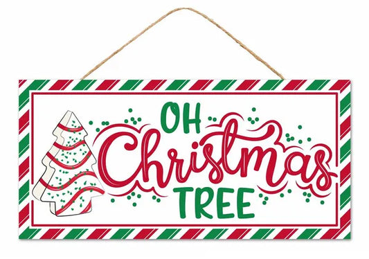 AP735927   12.5"L x 6"H Mdf Oh Christmas Tree Sign   White/Red/Emerald Green