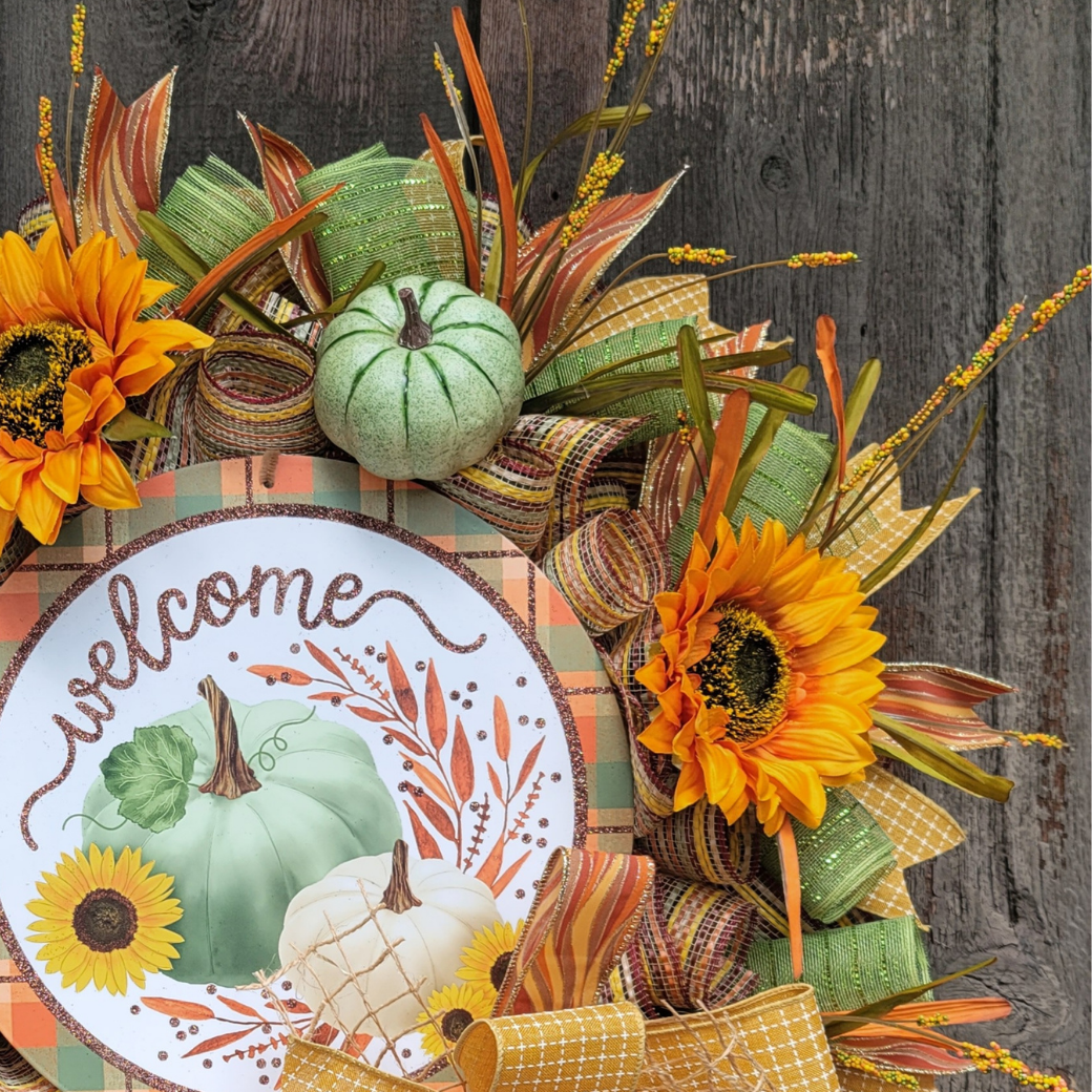 Fall Pumpkin Sunflower Wreath – Autumn Welcome Front Door Wreath