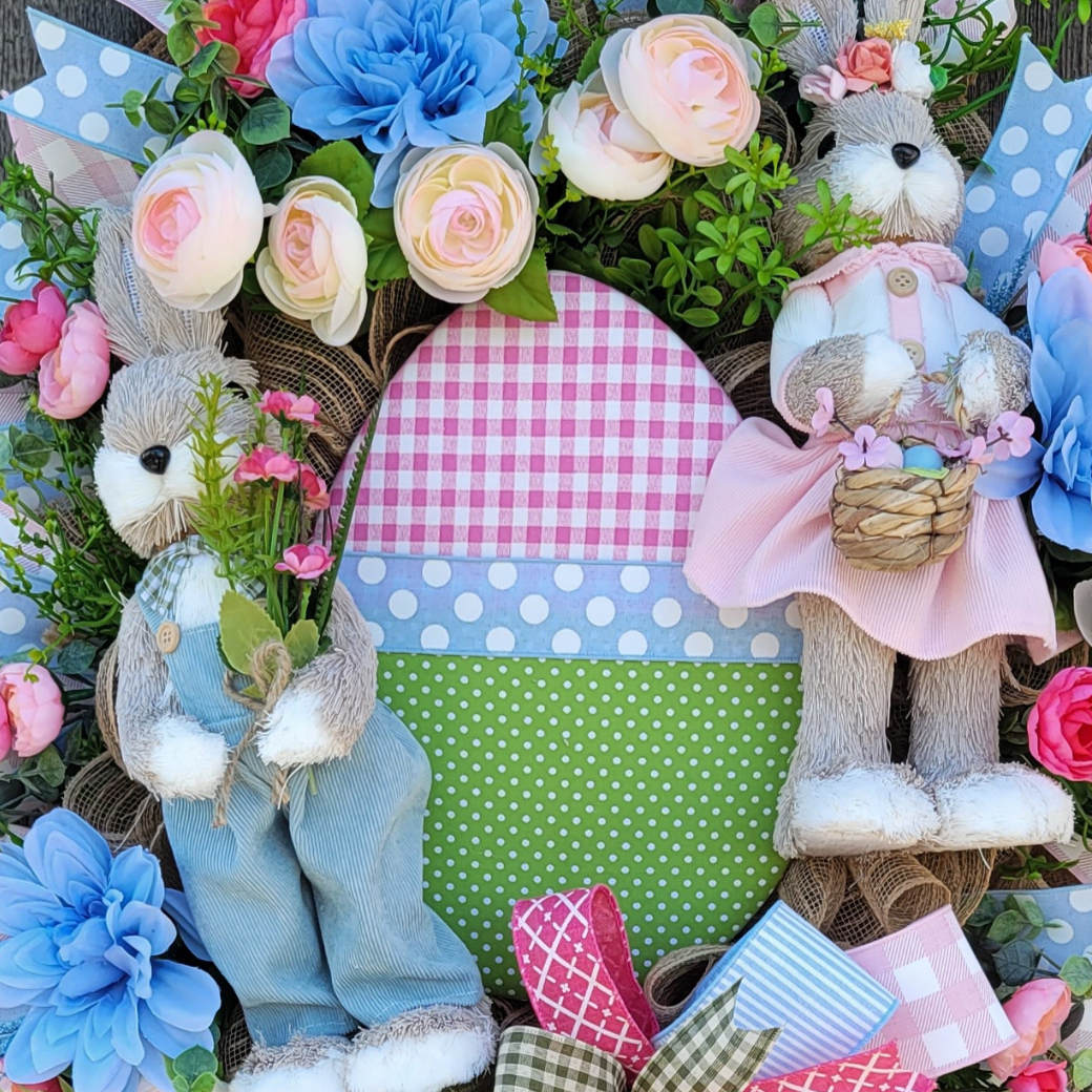 Easter Bunny Couple Wreath – Pastel Bunny & Easter Egg Spring Front Door Wreath