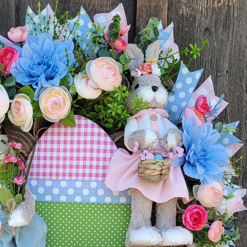 Easter Bunny Couple Wreath – Pastel Bunny & Easter Egg Spring Front Door Wreath